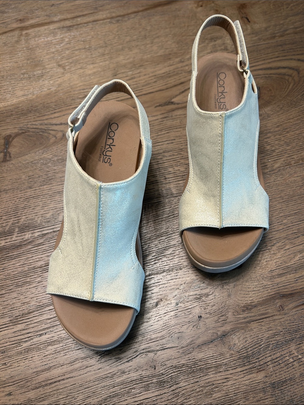 Corkys Metallic Gold Carley Slingback Wedge Sandals NWOB